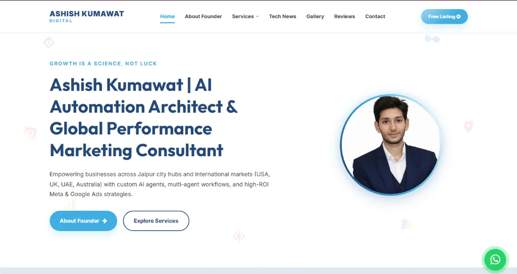 Website landing page with floating WhatsApp widget
